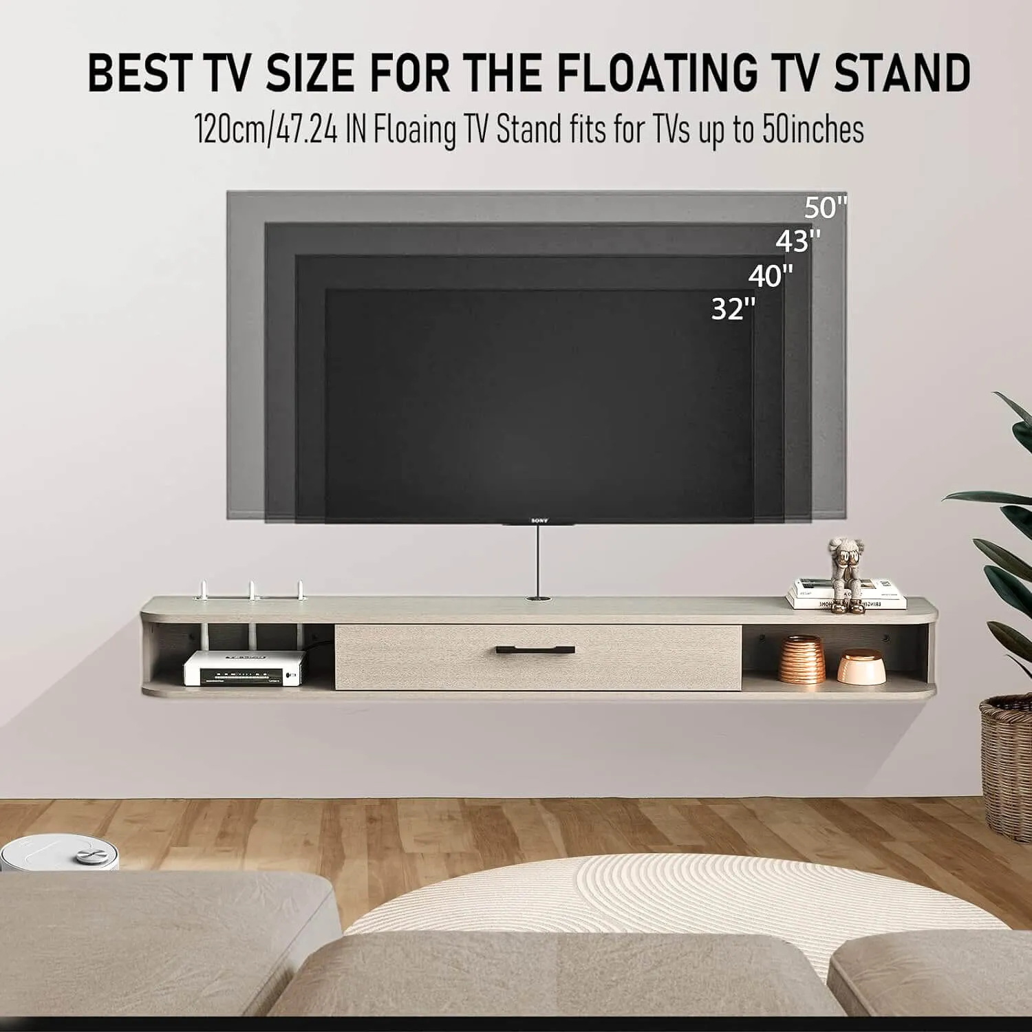 47" Eclan Floating TV Stand, Oak Grey