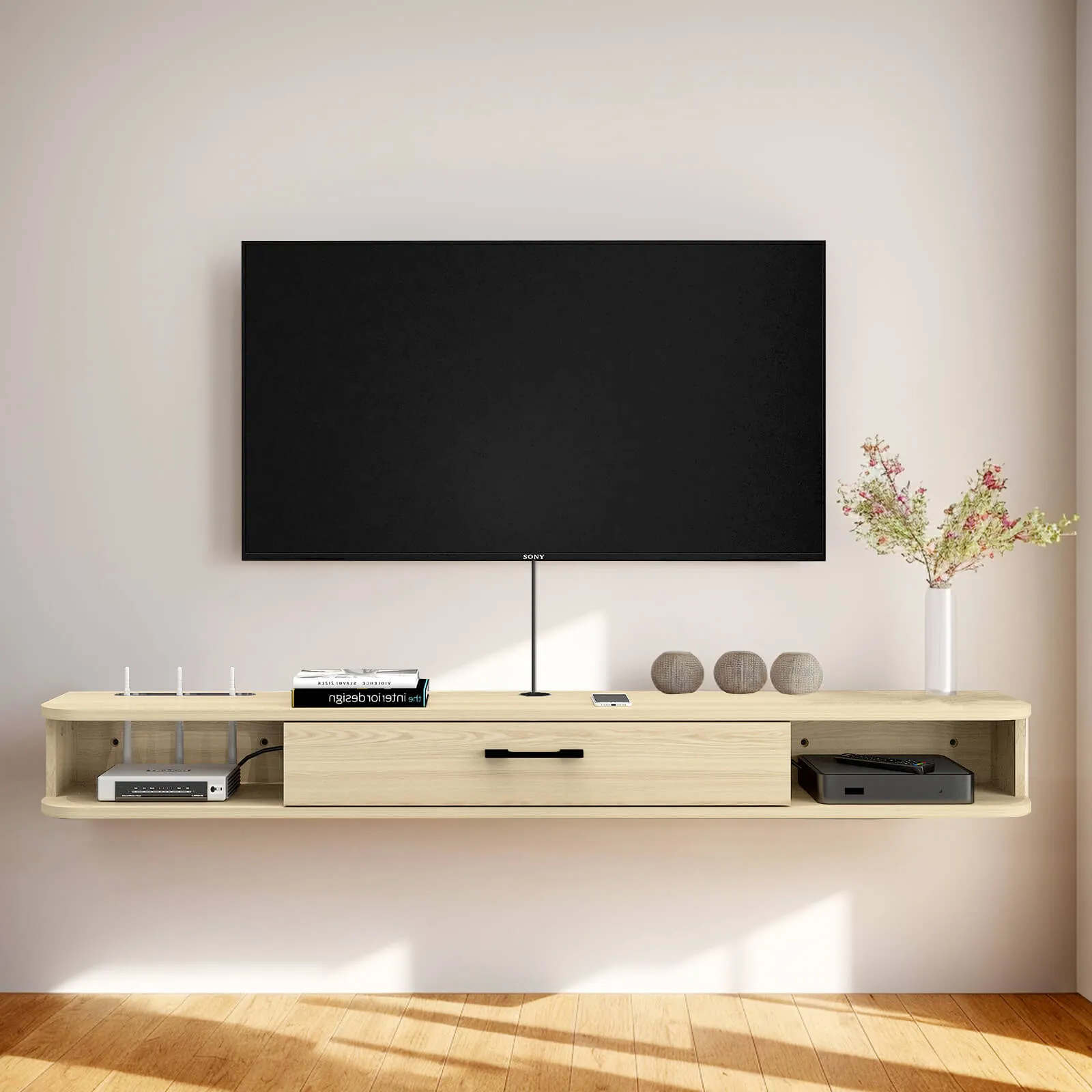 55" Pureza Floating TV Stand, Light Oak