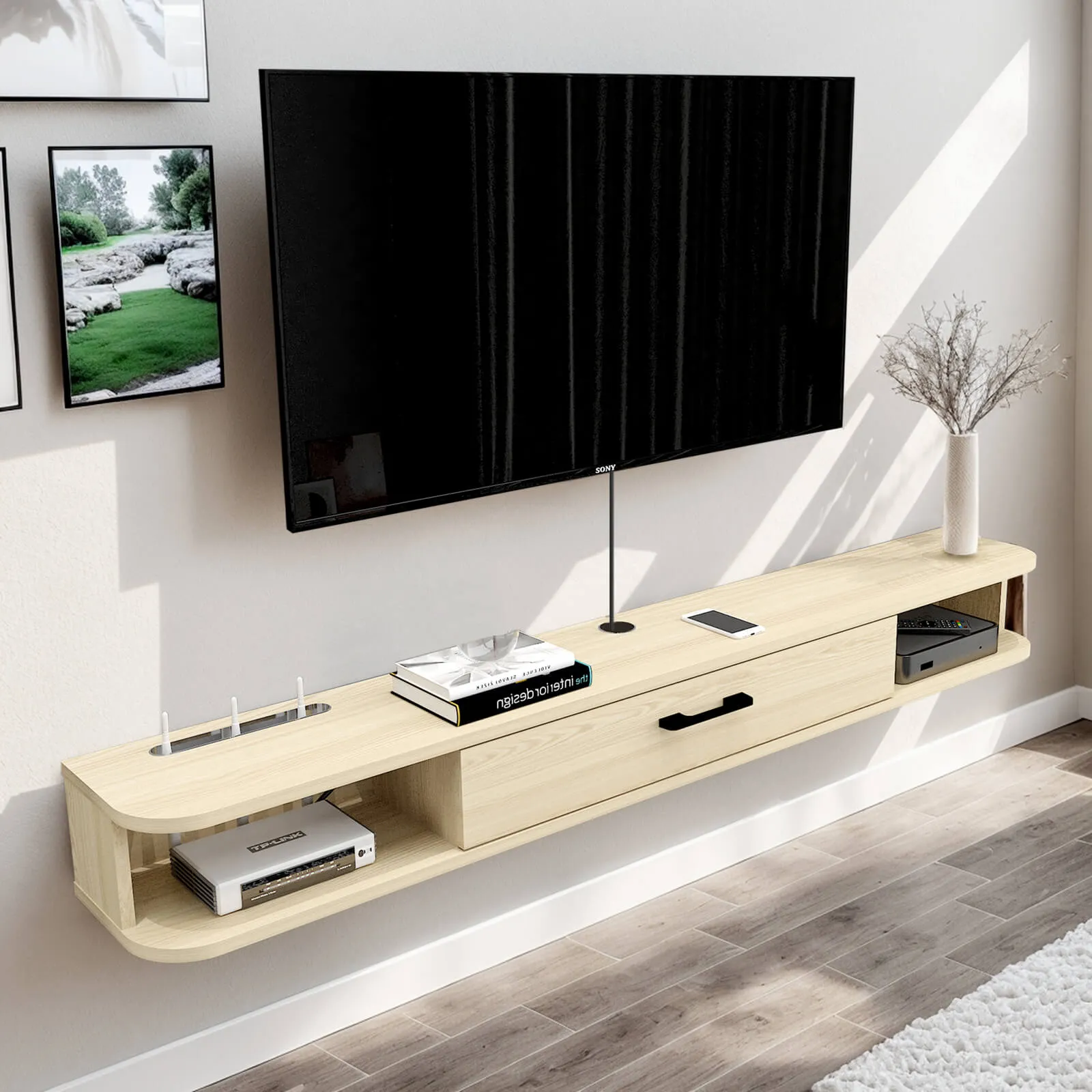 55" Pureza Floating TV Stand, Light Oak