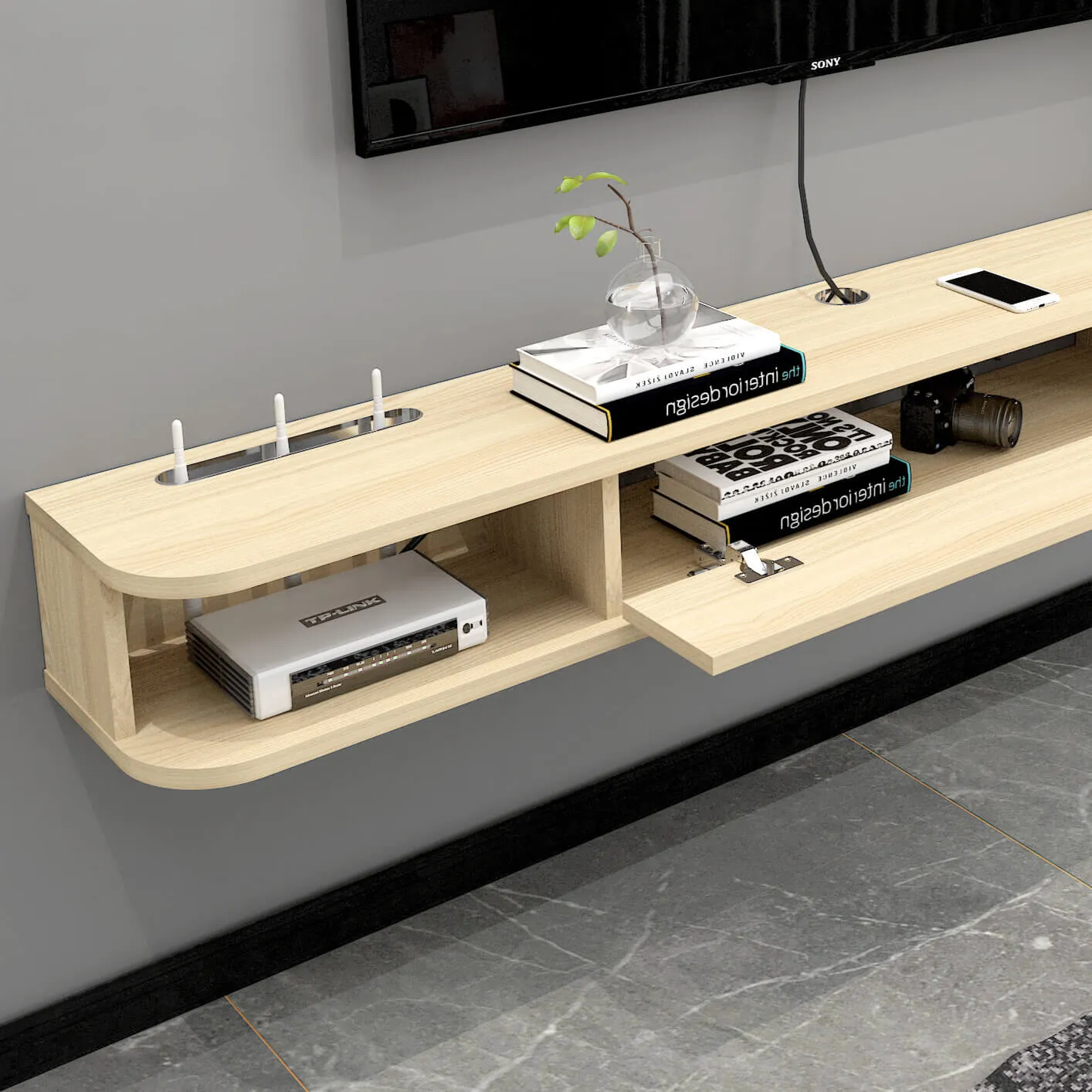 55" Pureza Floating TV Stand, Light Oak