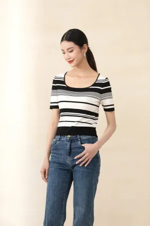 Black & White Striped Short Sleeve Knitted Sweater