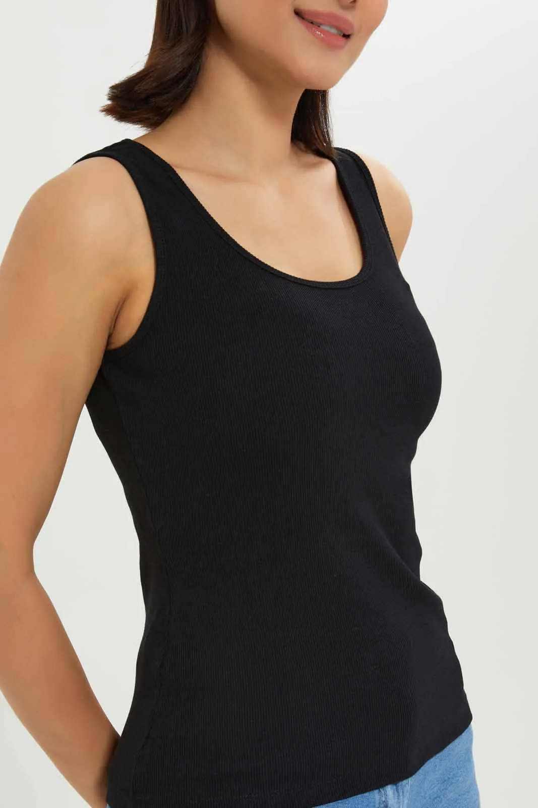 Black Plain Rib Vest