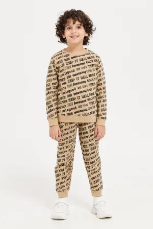 Boys Beige Printed Jog Suit (2 Piece)