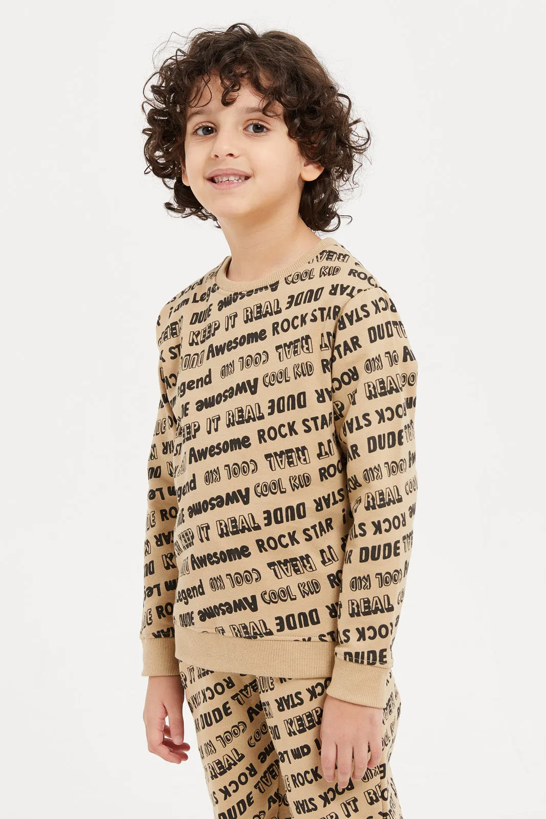 Boys Beige Printed Jog Suit (2 Piece)