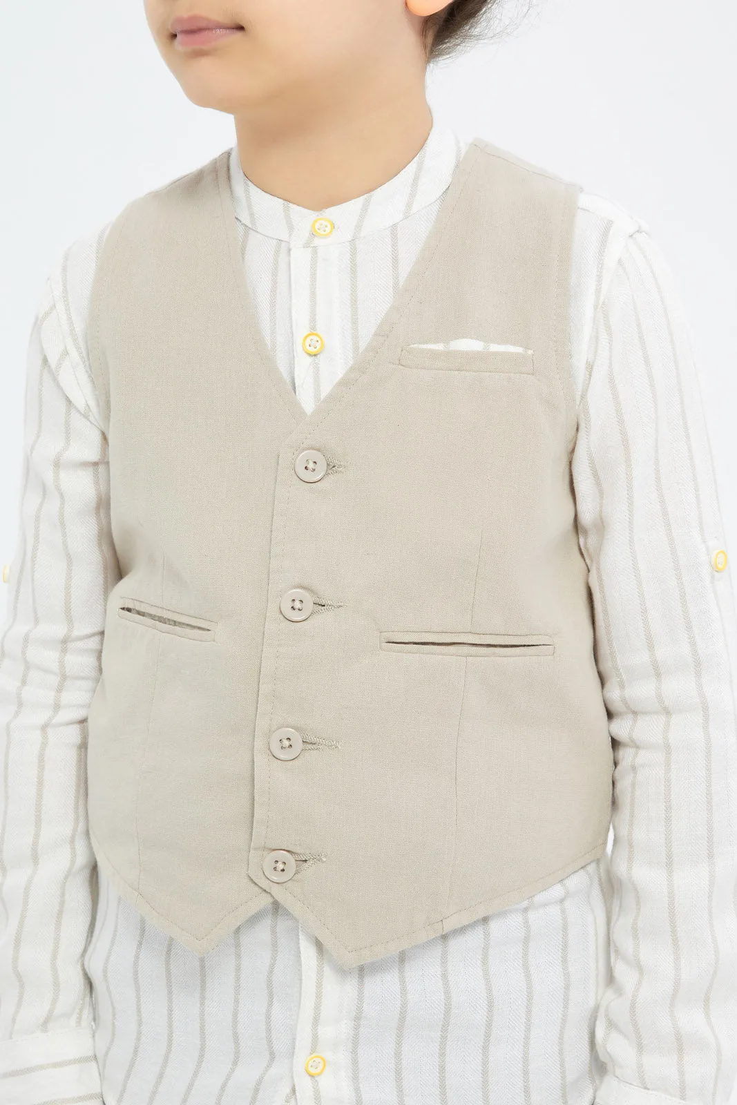 Boys Beige Waistcoat And Stripe Shirt Set (2 Piece)