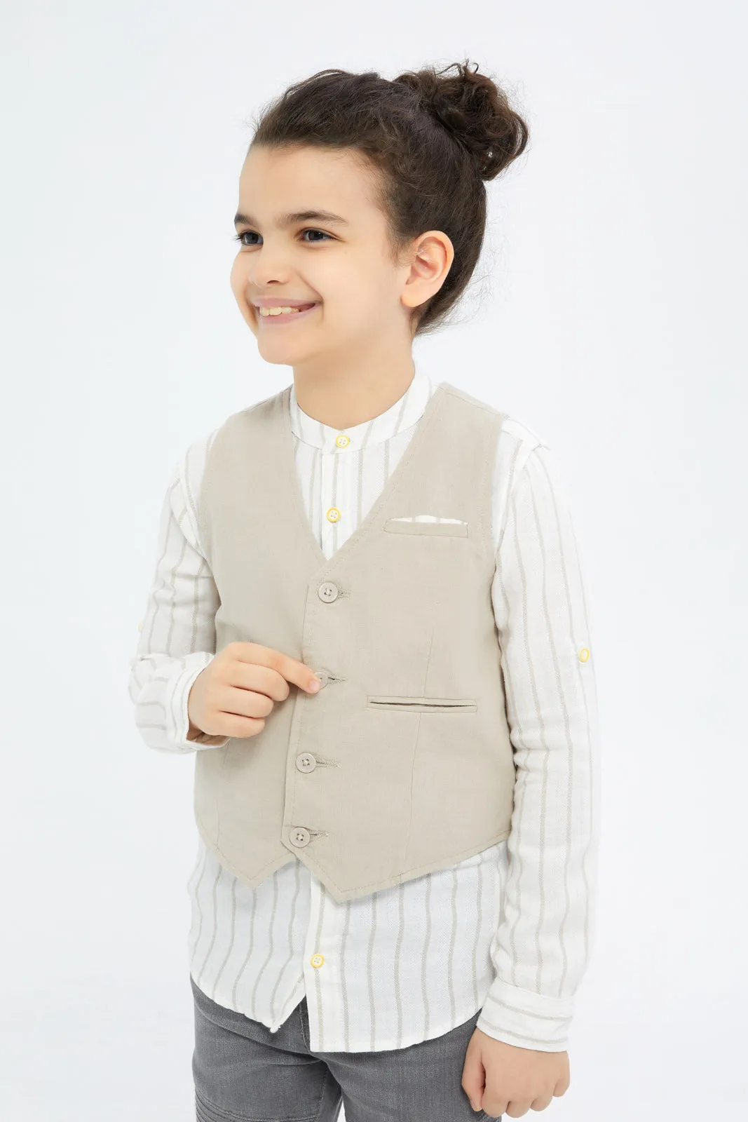 Boys Beige Waistcoat And Stripe Shirt Set (2 Piece)