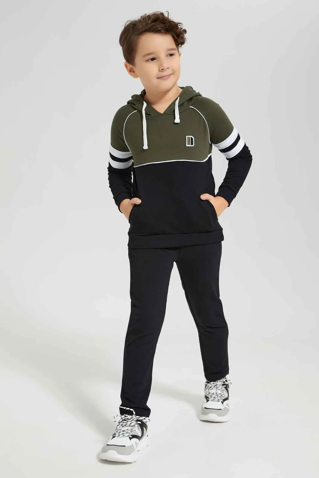 Boys Black And Olive Pocket Hooded Sweatshirt