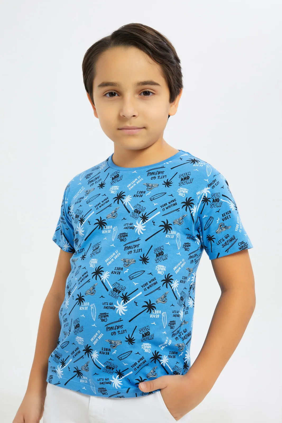 Boys Blue Palm Printed T-Shirt