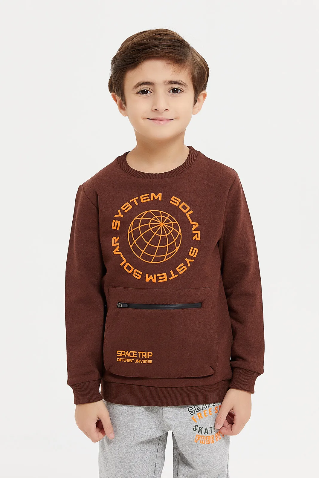 Boys Brown Zip Pocket Sweatshirt