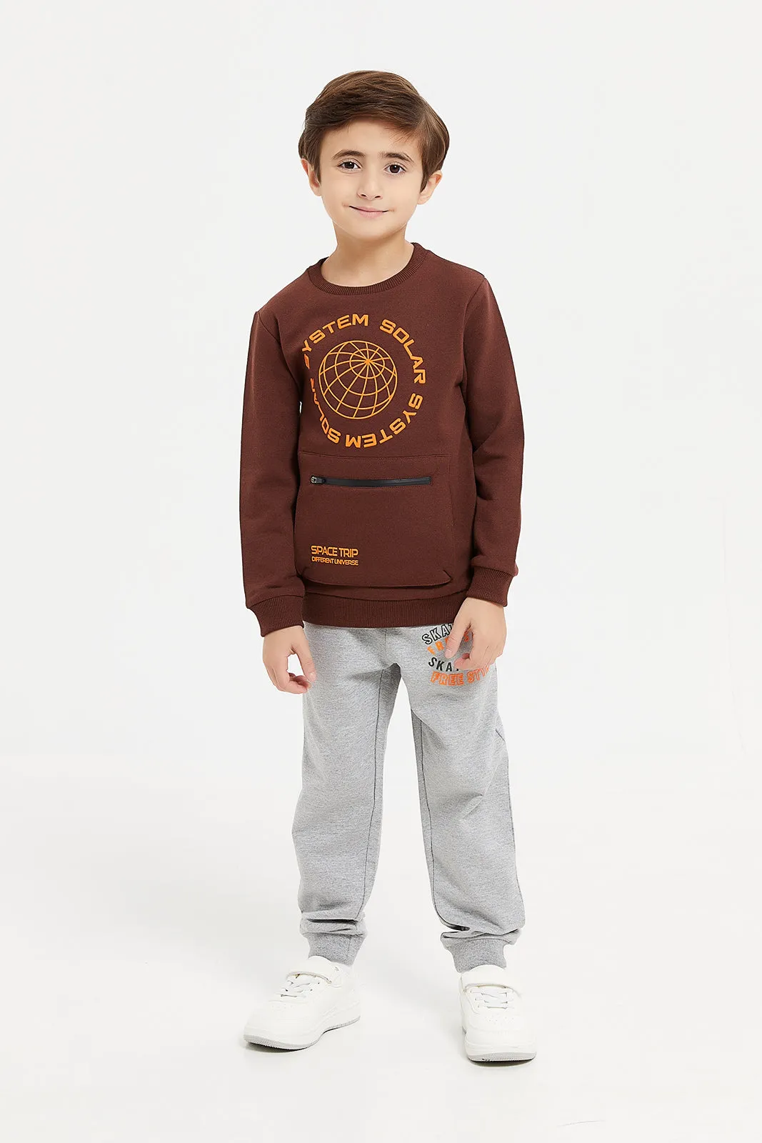 Boys Brown Zip Pocket Sweatshirt