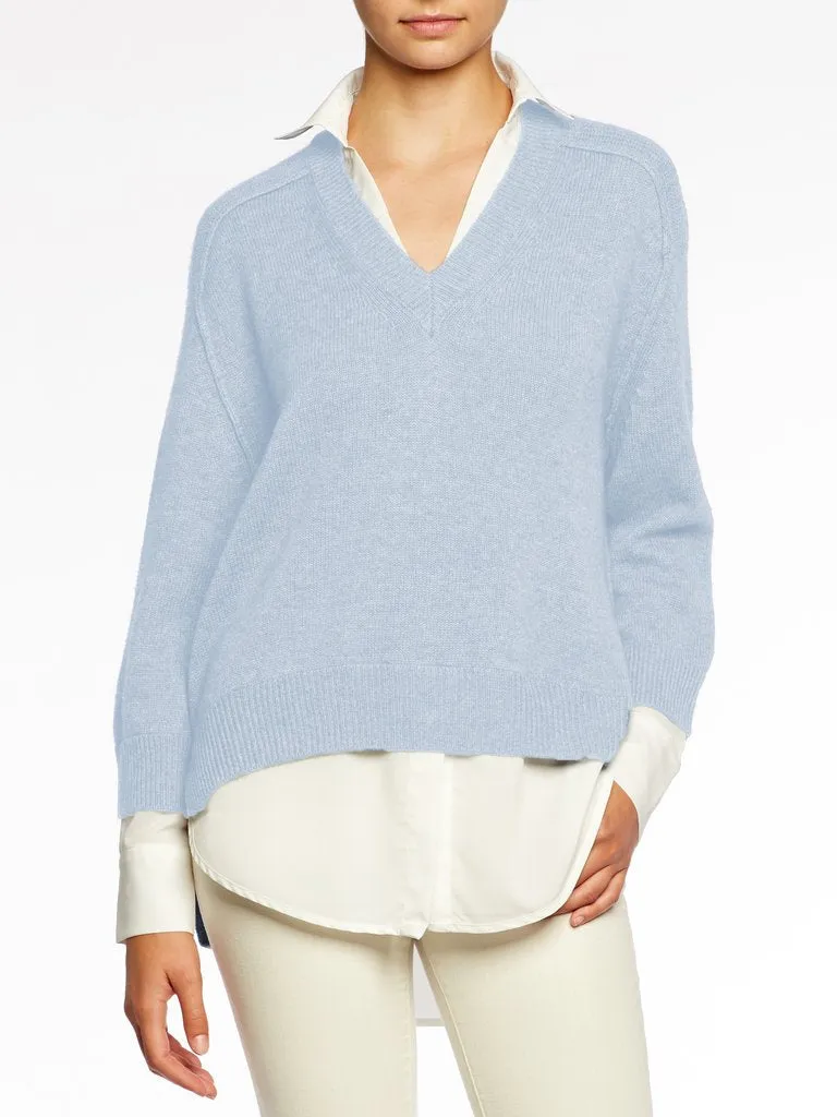 BROCHU WALKER - V Neck Layered Pullover in Skye with White Underlayer