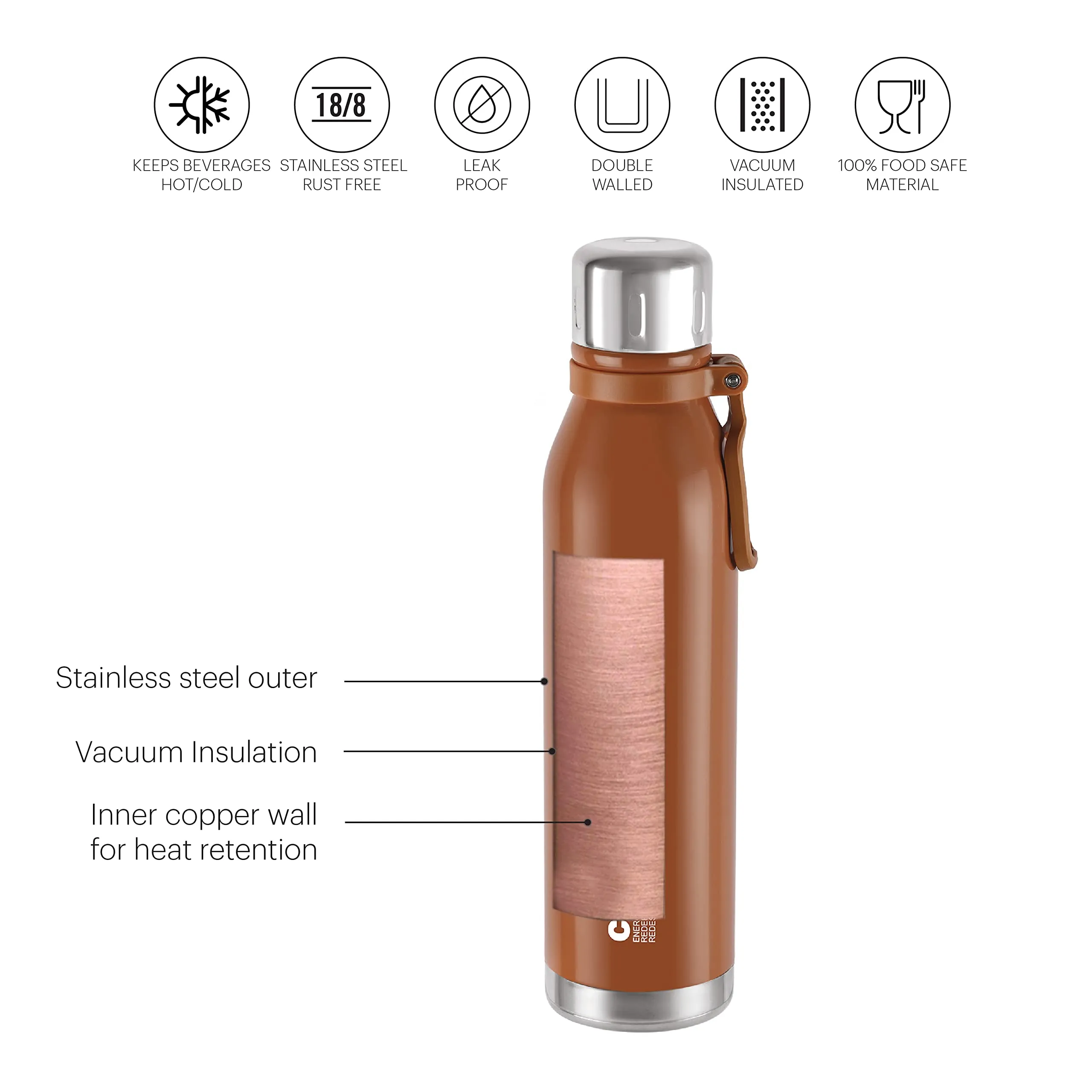 Cello Bentley Insulated Flask | Hot and Cold Stainless Steel Water Bottle | Double Walled Carry Flask for Travel, Home, Office, School | 800 ml, Orange