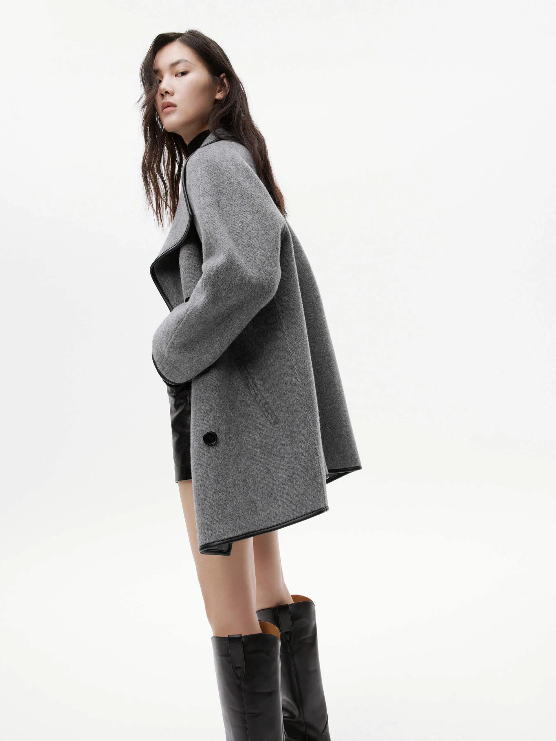 Contrast Wool Midi Coat