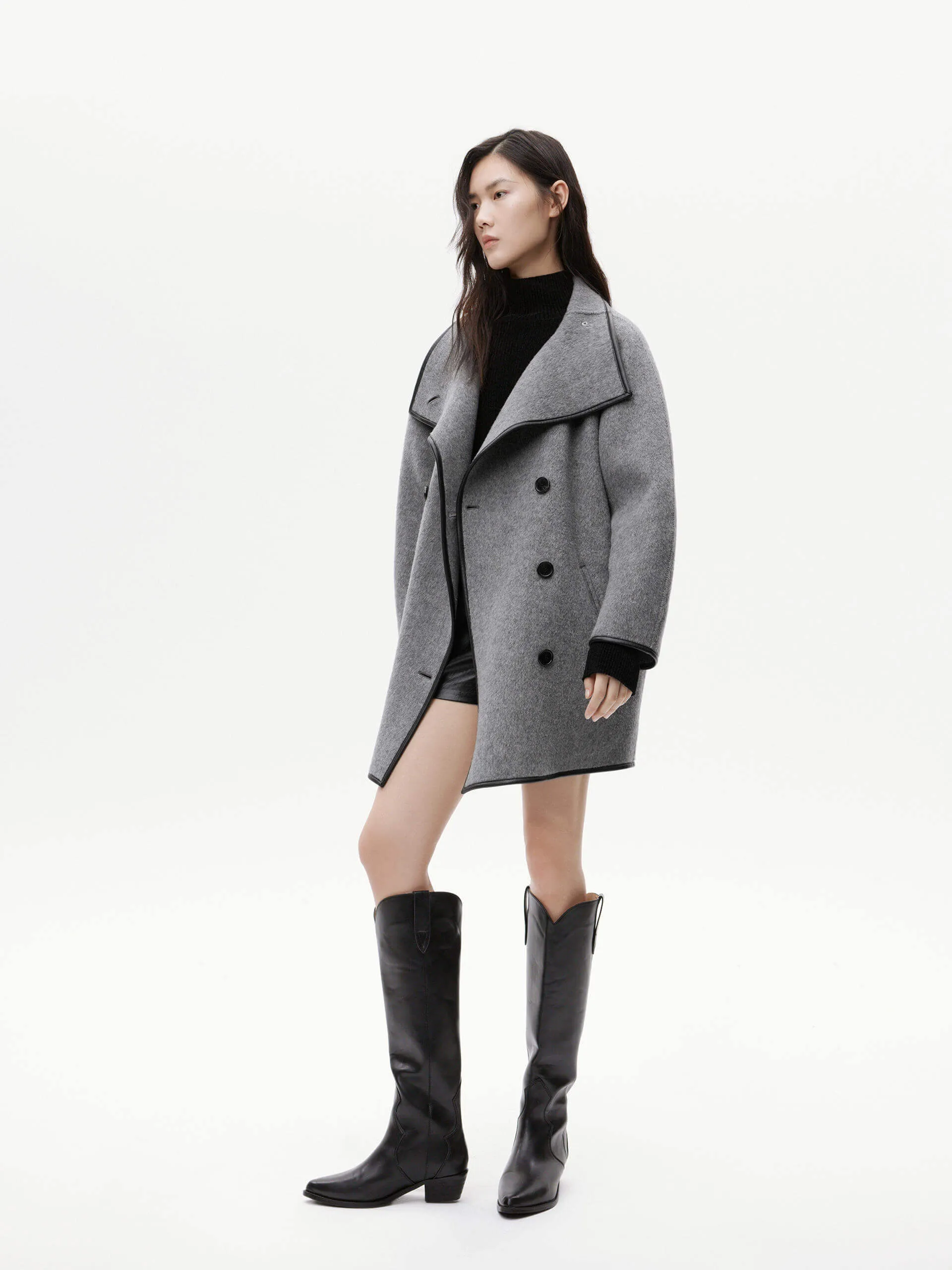 Contrast Wool Midi Coat