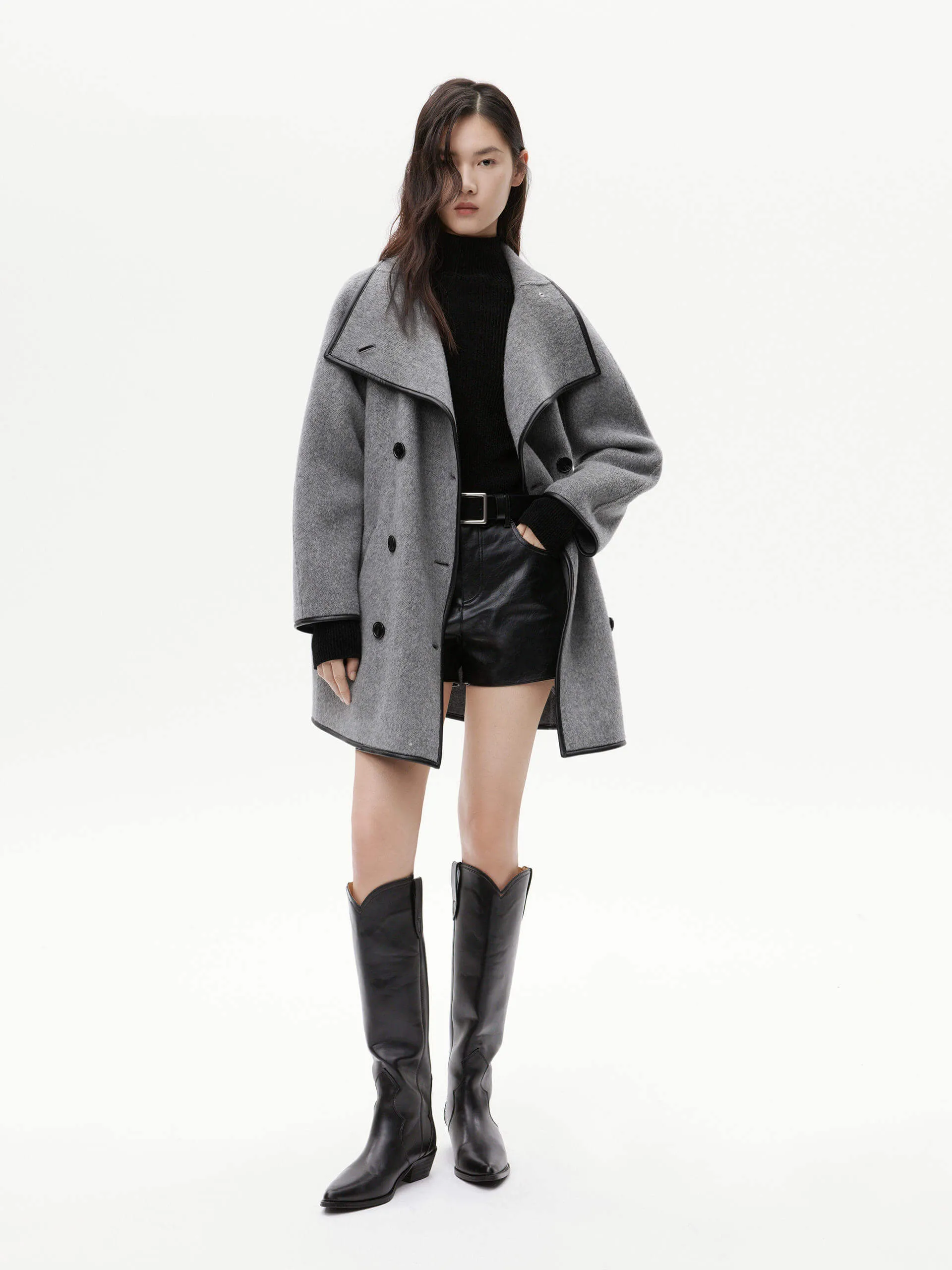 Contrast Wool Midi Coat