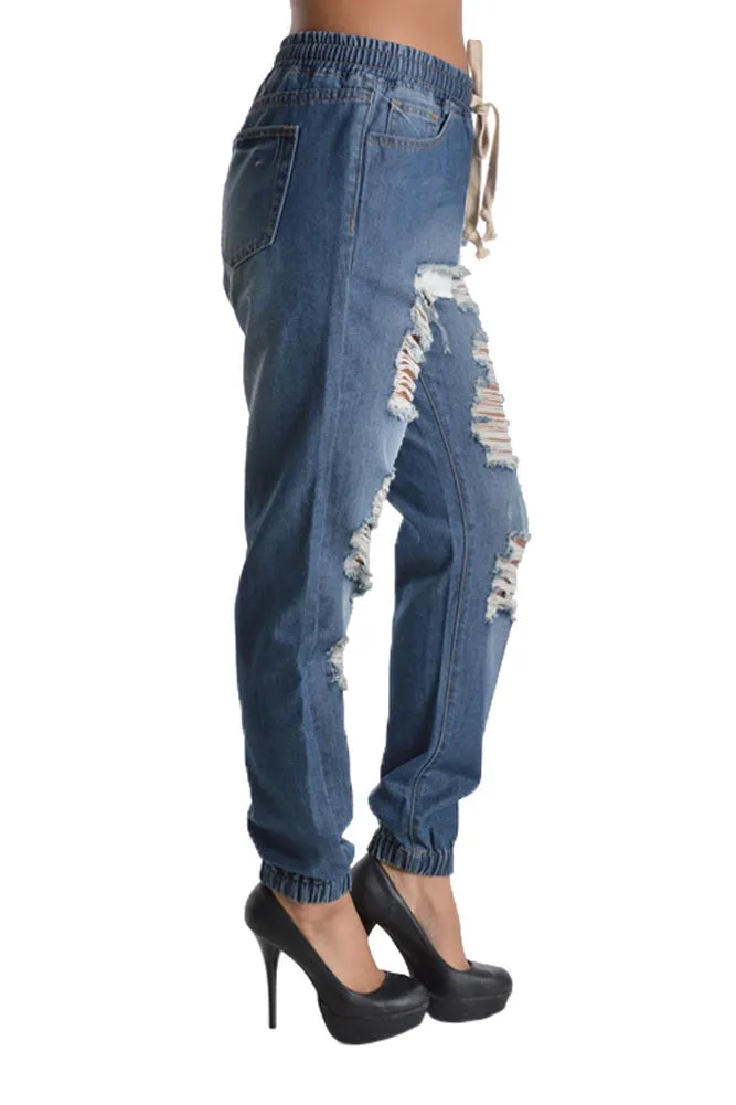 Destructed Denim Jogger Pants