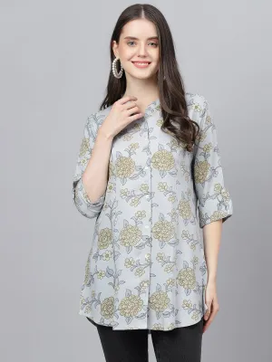 Dusty Blue Floral Printed Rayon A-Line Shirts Style Top