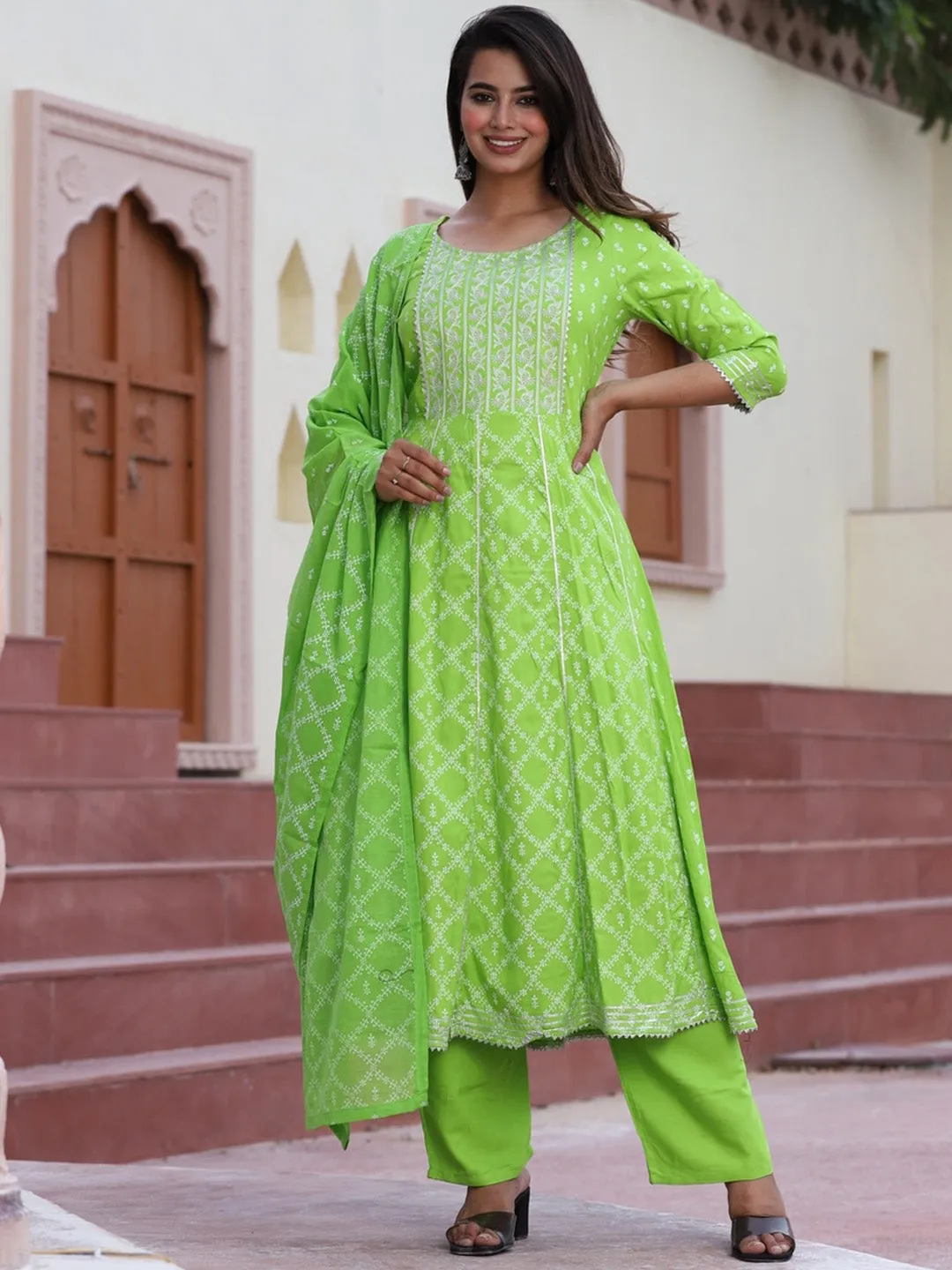 Ethnic Motifs Printed Gotta Patti Flared Kurta With Palazzos & Dupatta