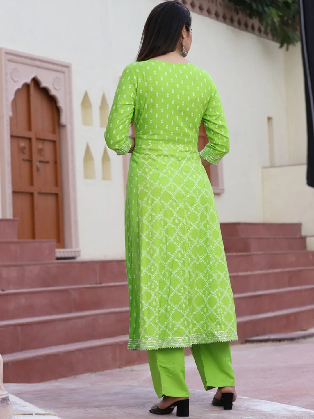 Ethnic Motifs Printed Gotta Patti Flared Kurta With Palazzos & Dupatta