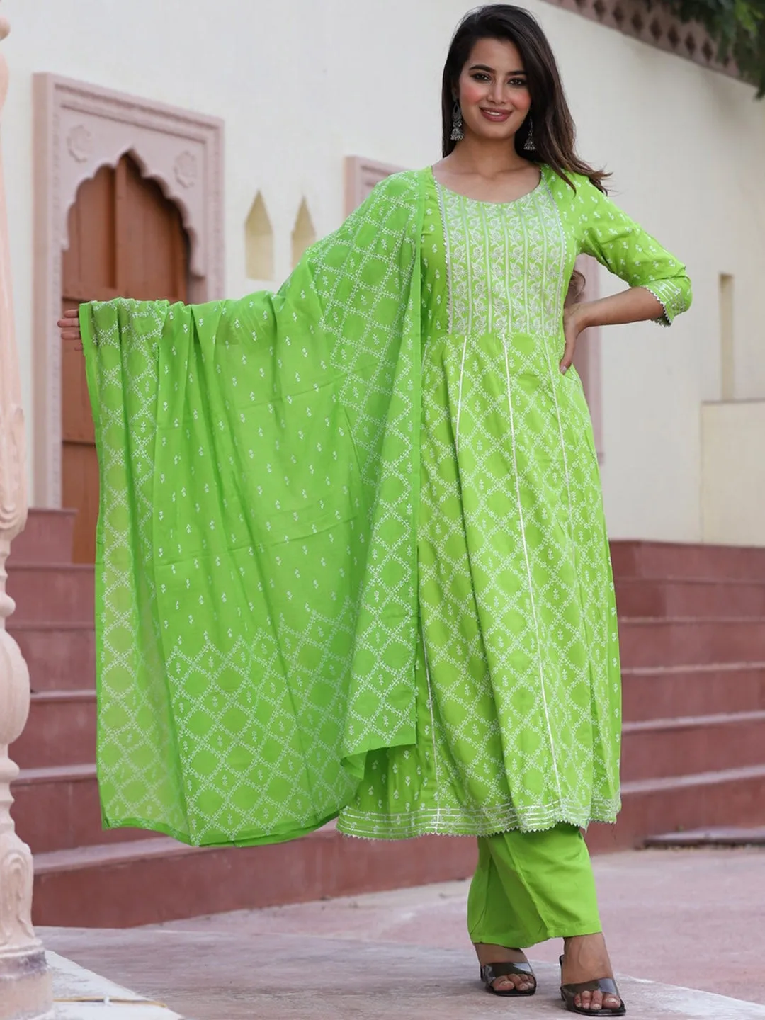 Ethnic Motifs Printed Gotta Patti Flared Kurta With Palazzos & Dupatta