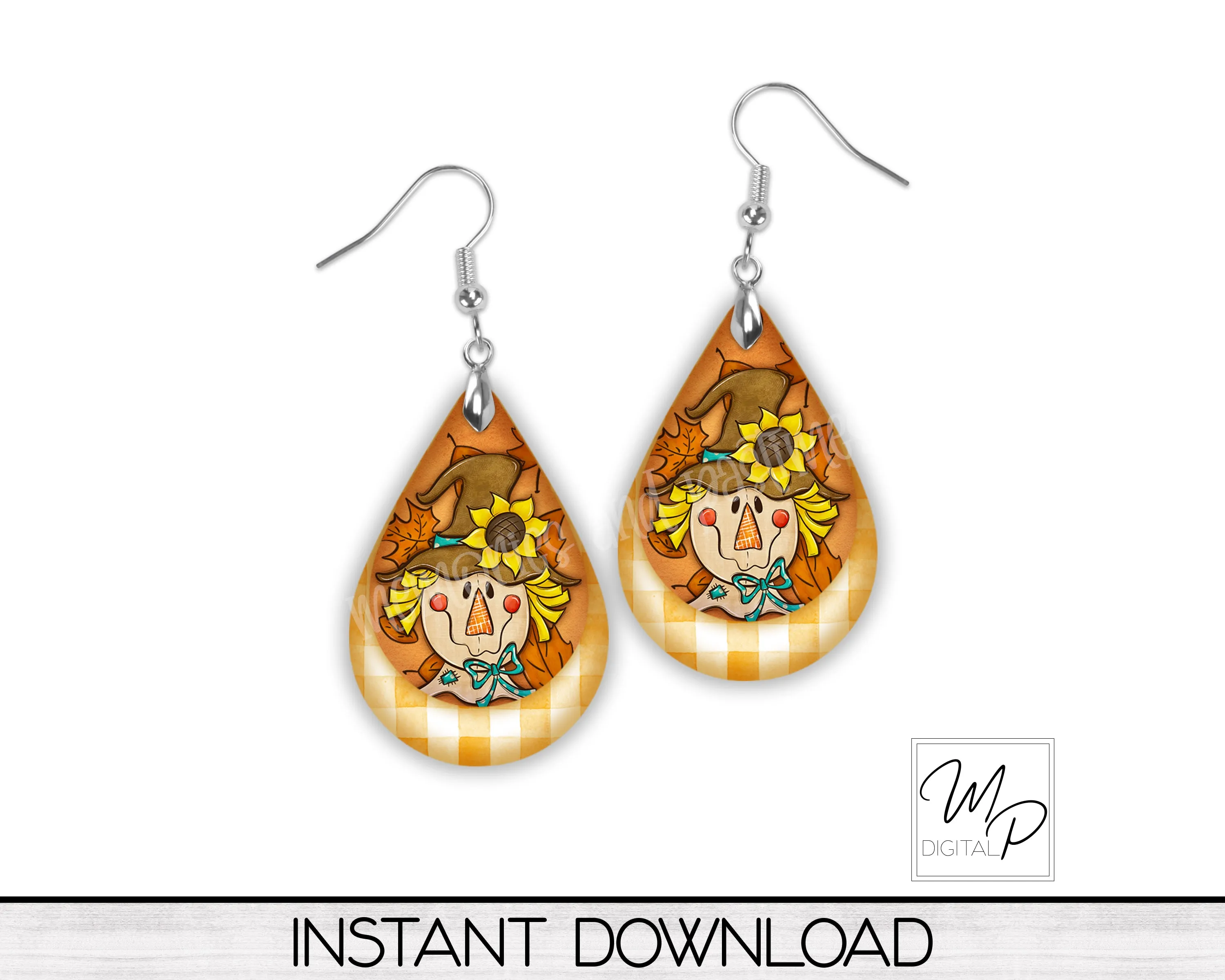 Fall Scarecrow Upside Down Teardrop PNG Design for Sublimation of Earrings with Leather, Digital Download