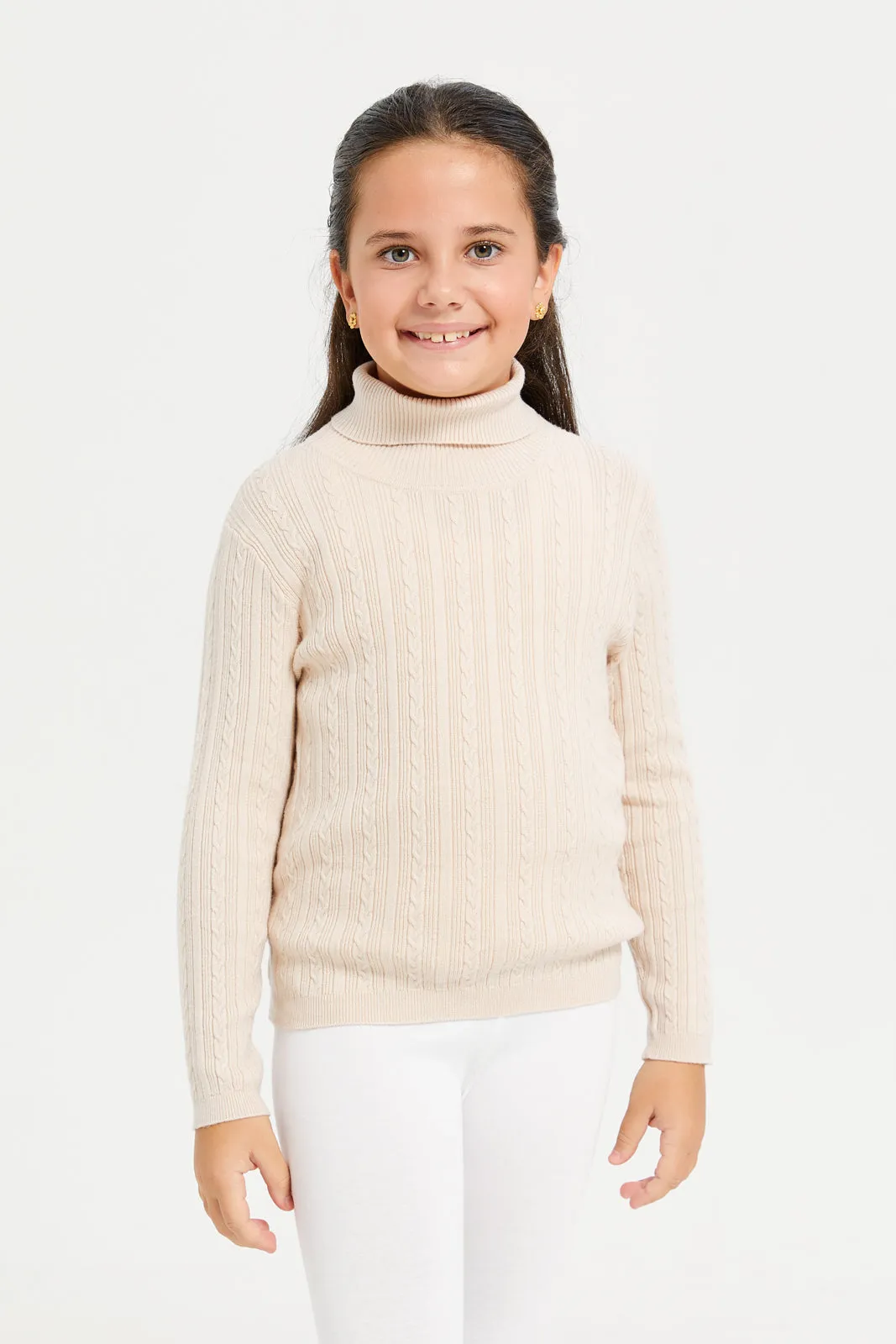 Girls Beige High Neck Pullover