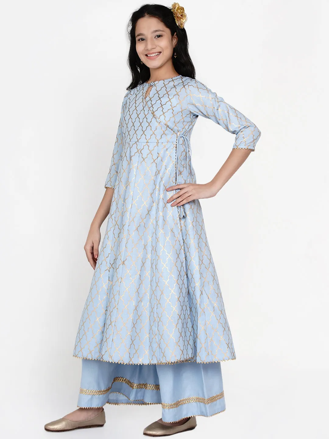 Girls Blue Printed Regular Kurta With Palazzos