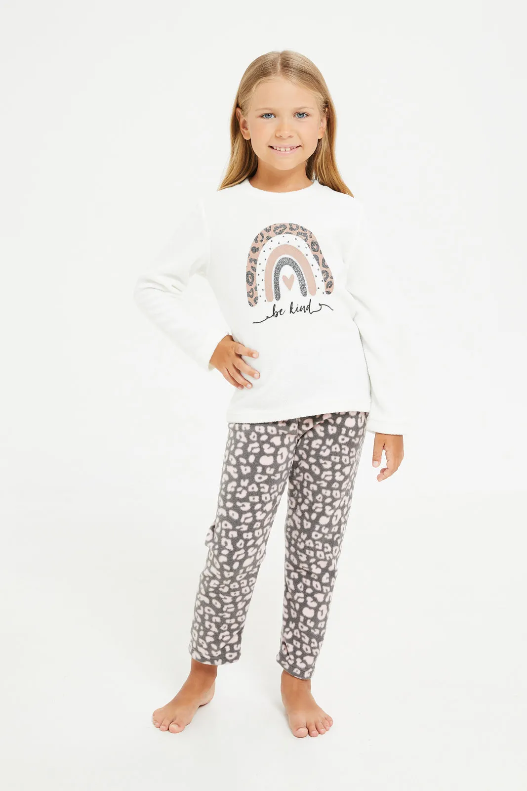 Girls Ivory And Charcoal Printed Pyjama Set (2 Piece)