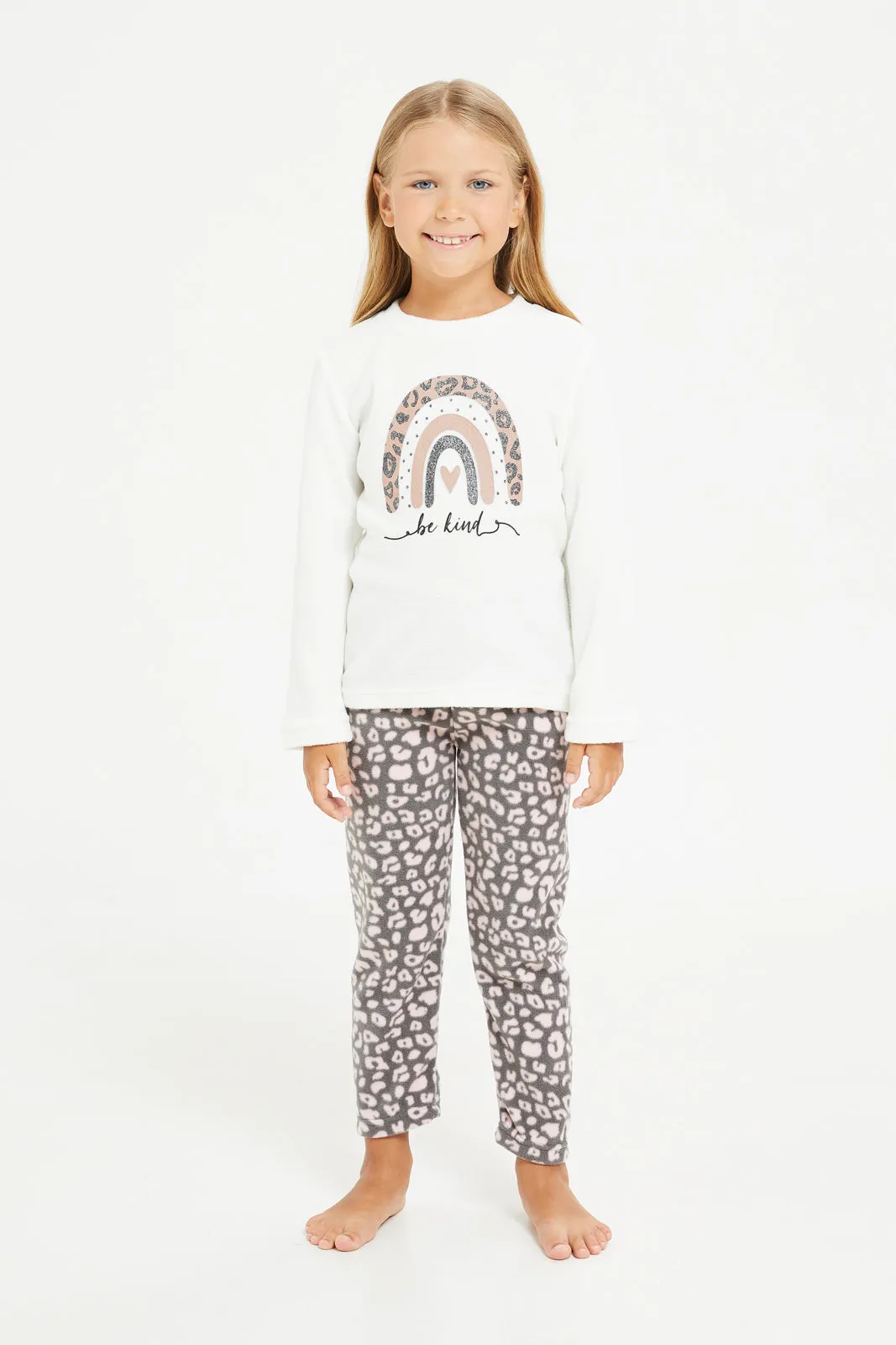 Girls Ivory And Charcoal Printed Pyjama Set (2 Piece)