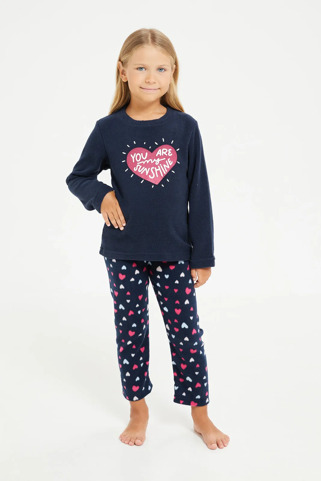 Girls Navy Printed Pyjama Set (2 Piece)