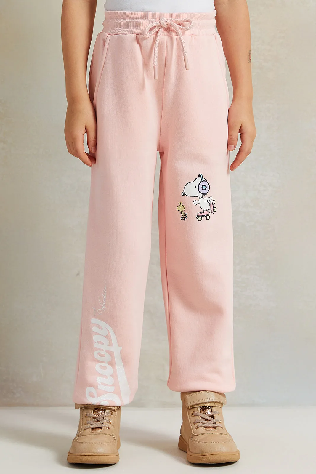 Girls Pink Snoopy Print Active Track Pants