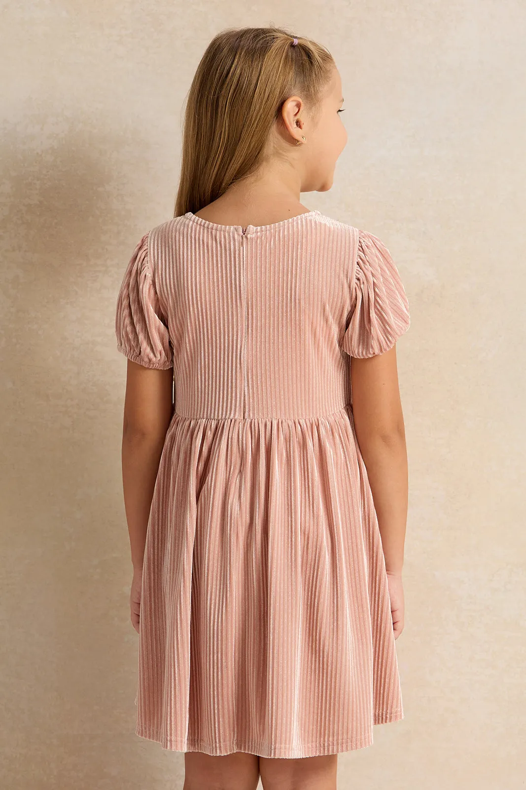 Girls Pink Velour Dress With Bow