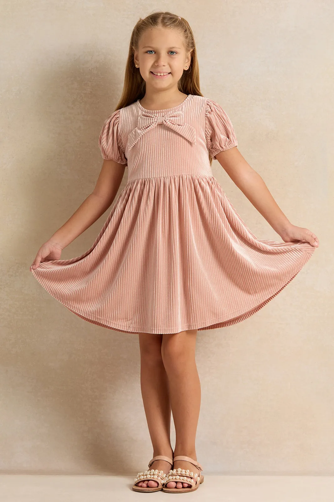 Girls Pink Velour Dress With Bow