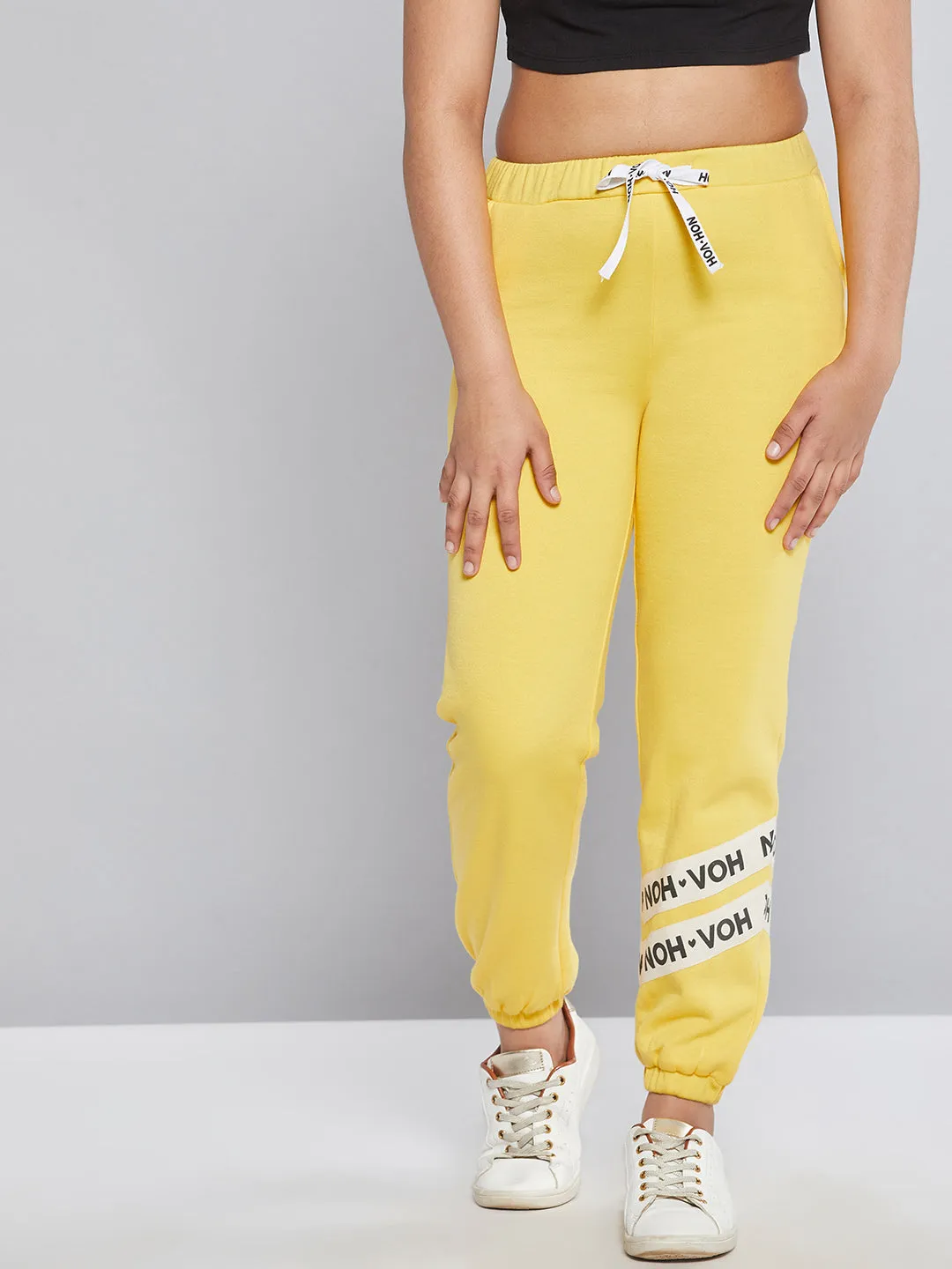 Girls Yellow Fleece Brand Tape Joggers