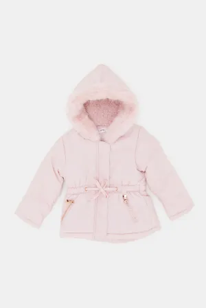 Infant Girls Pink Sherpa Coat With Knot Detail