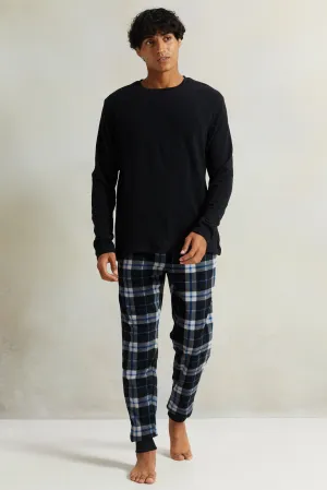 Men Black Fleece Checkered Pyjama Set (2 Piece)