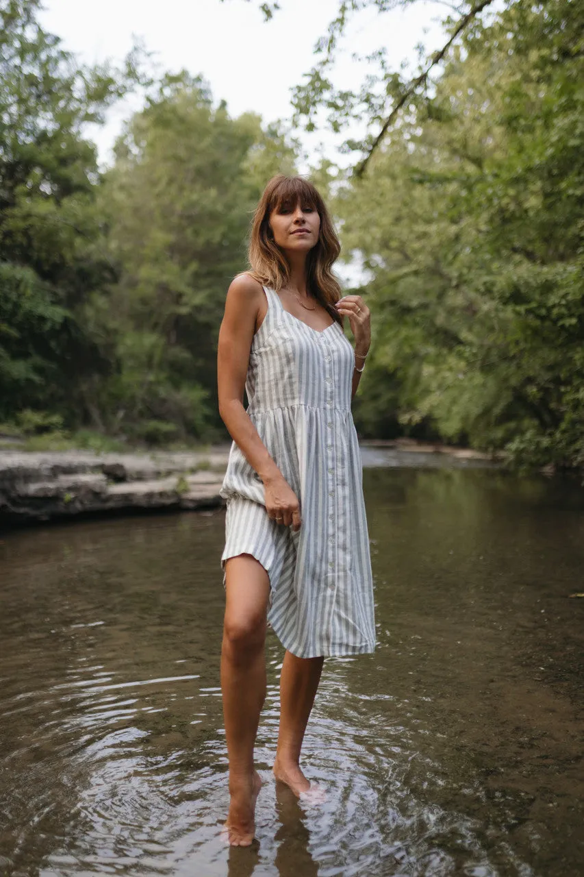 Mia Linen Dress in Green and White Stripe - XS and S