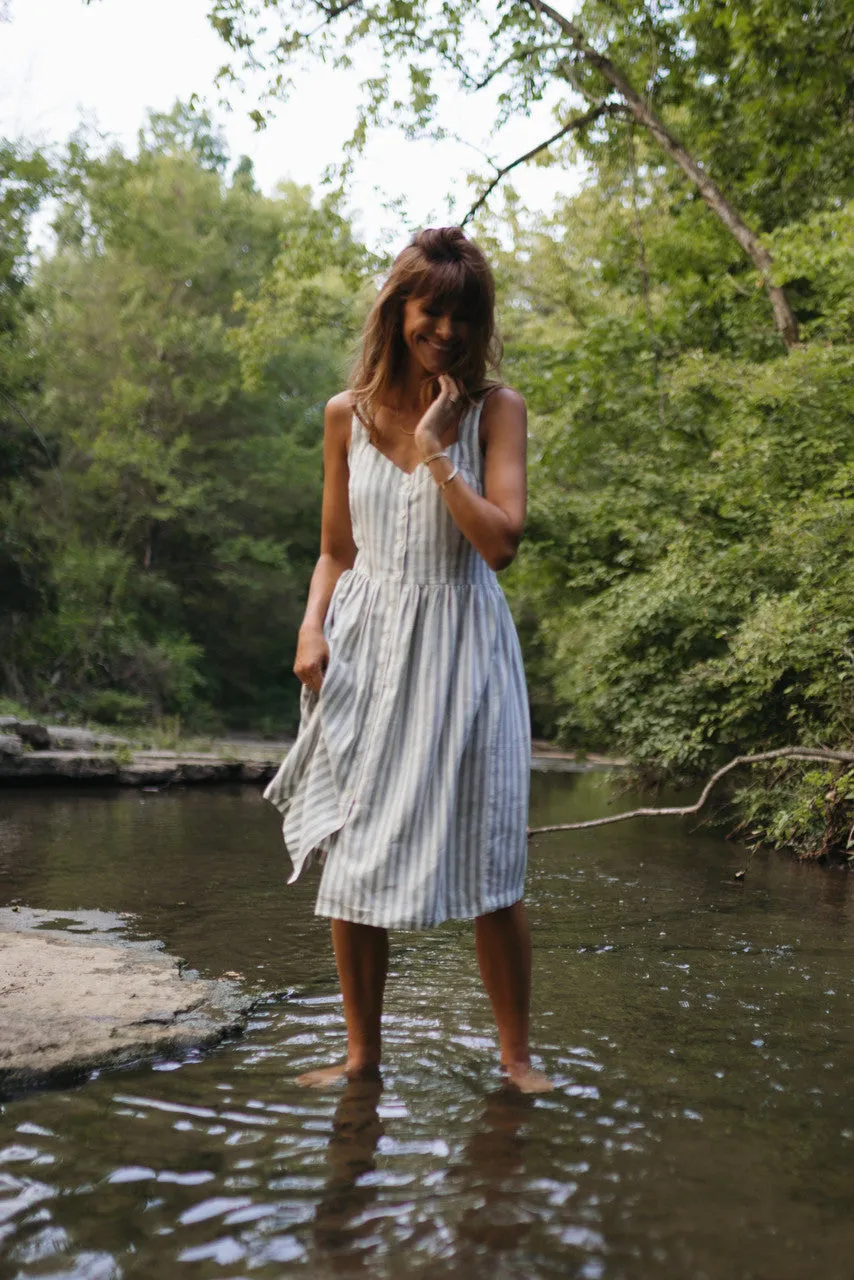 Mia Linen Dress in Green and White Stripe - XS and S