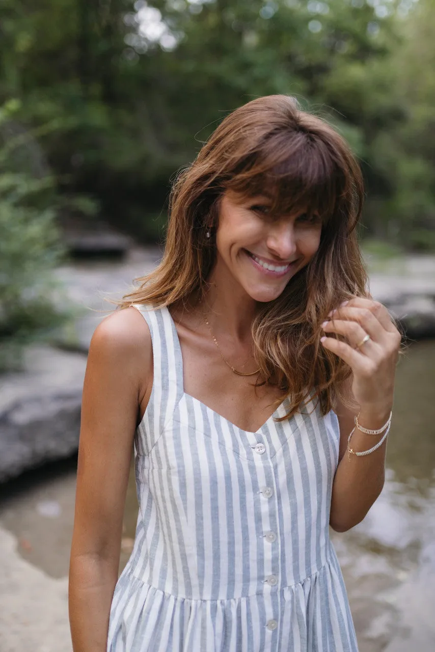 Mia Linen Dress in Green and White Stripe - XS and S