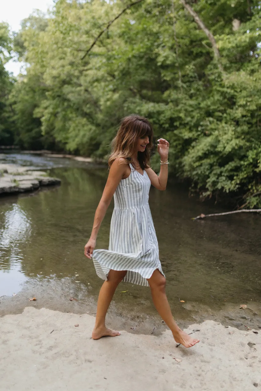 Mia Linen Dress in Green and White Stripe - XS and S