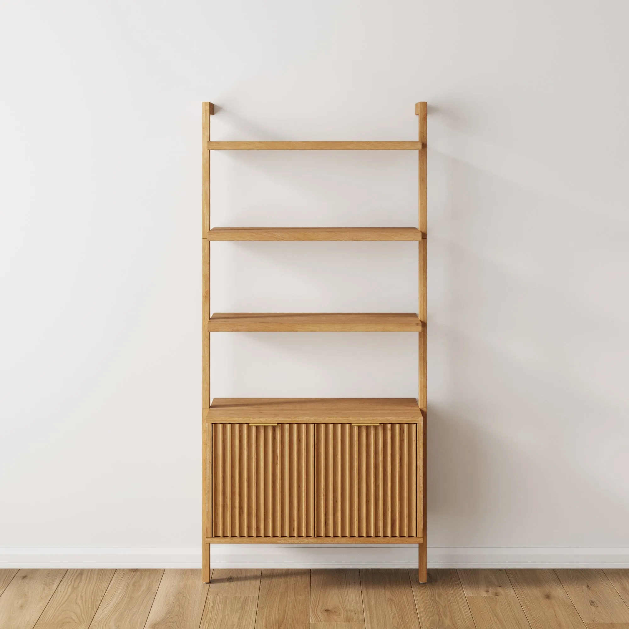 Mid-Century Fluted Wall Bookshelf with Doors Warm Pine