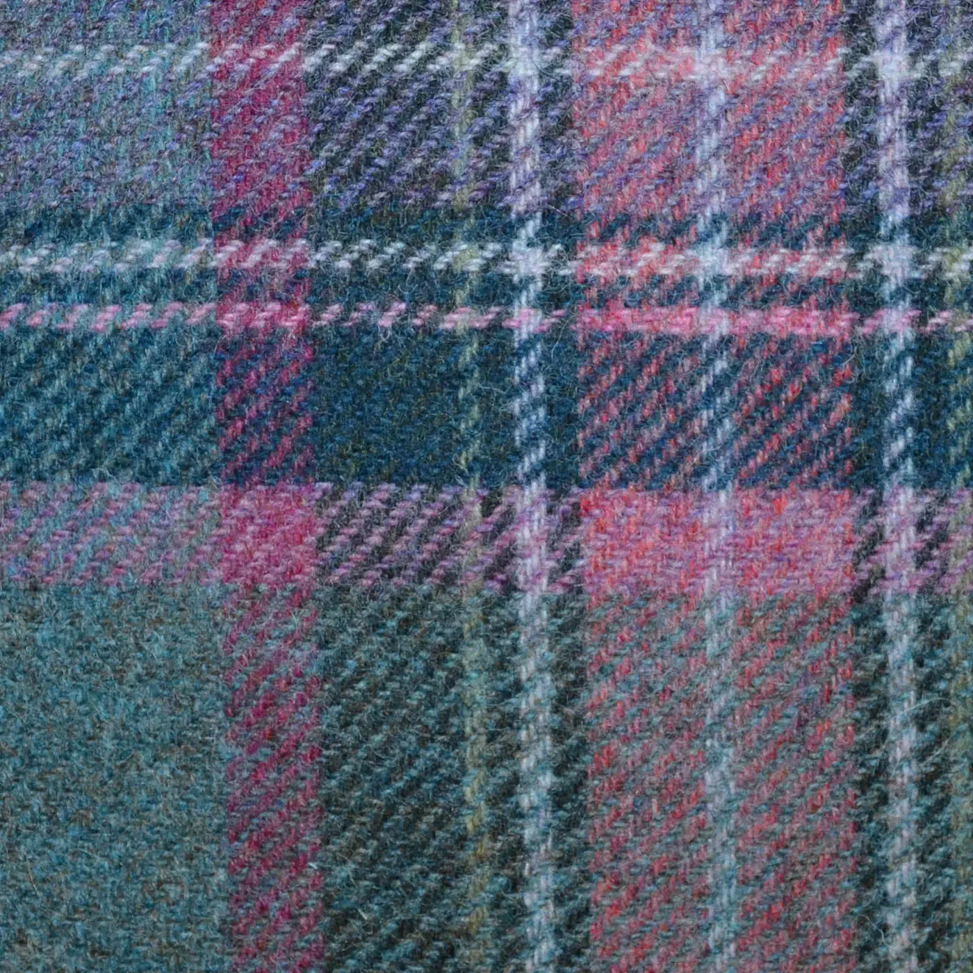 Moss Green with Teal, Pink and Heather Plaid Check All Wool Tweed Coating