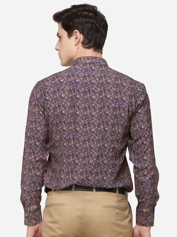 Navy Blue Printed Regular Fit Party Wear Shirt | JB Studio