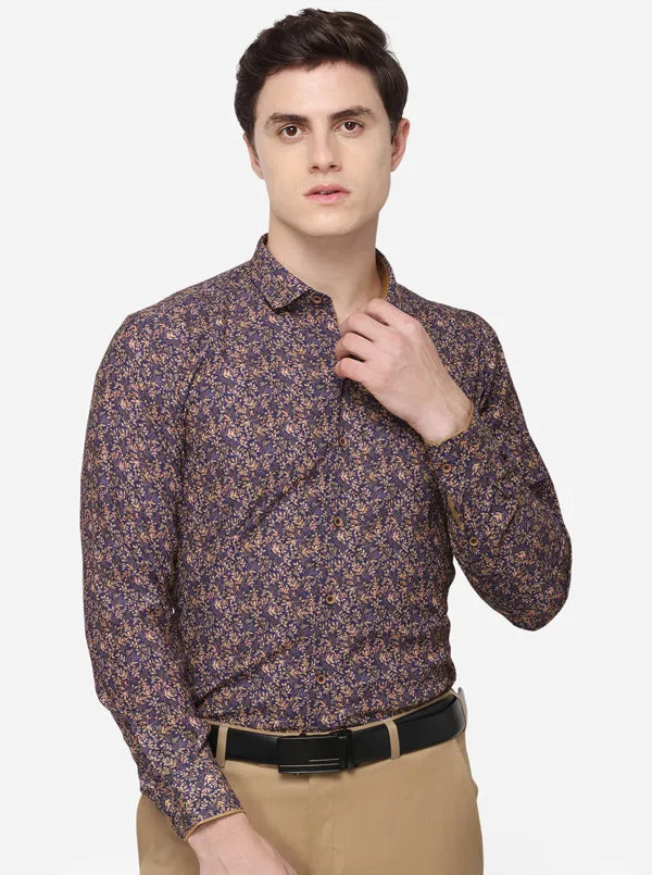 Navy Blue Printed Regular Fit Party Wear Shirt | JB Studio