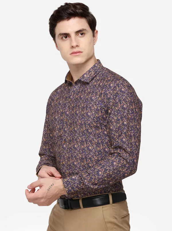 Navy Blue Printed Regular Fit Party Wear Shirt | JB Studio