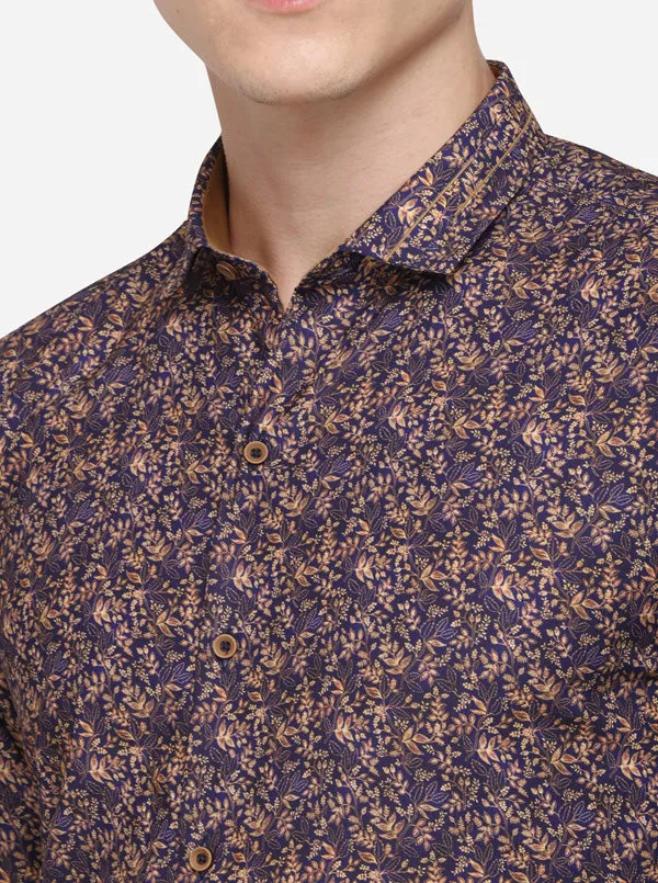 Navy Blue Printed Regular Fit Party Wear Shirt | JB Studio