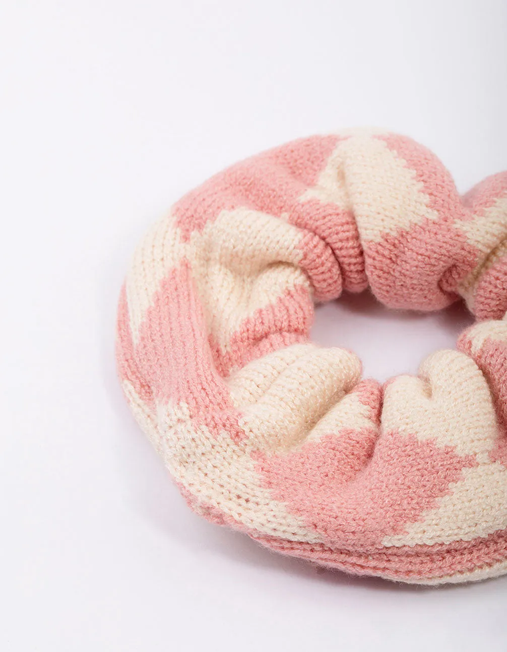 Pink & Cream Checkered Knitted Hair Scrunchie