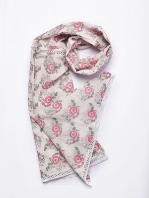 Pink Green Buta On White Print Cotton Stole