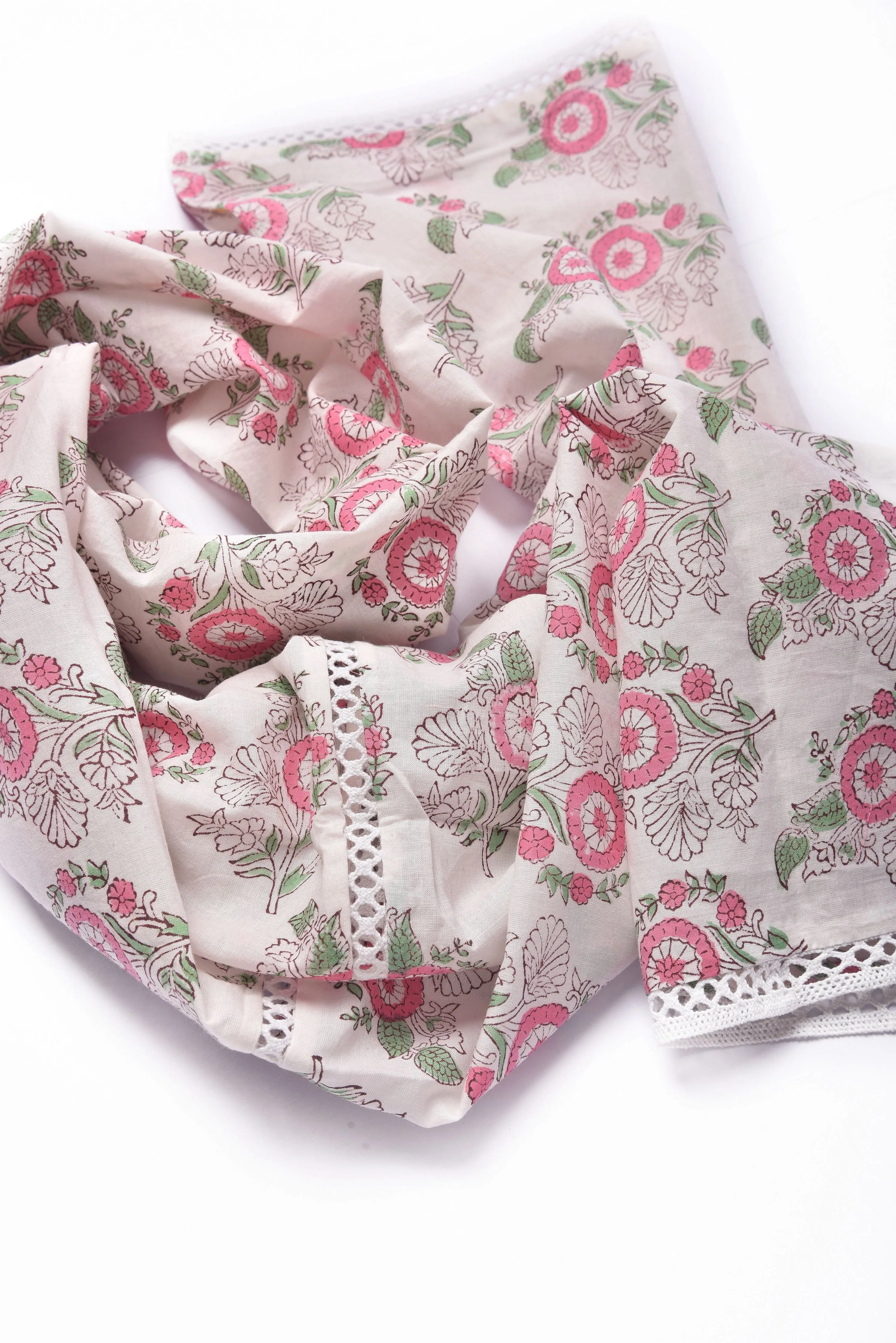 Pink Green Buta On White Print Cotton Stole