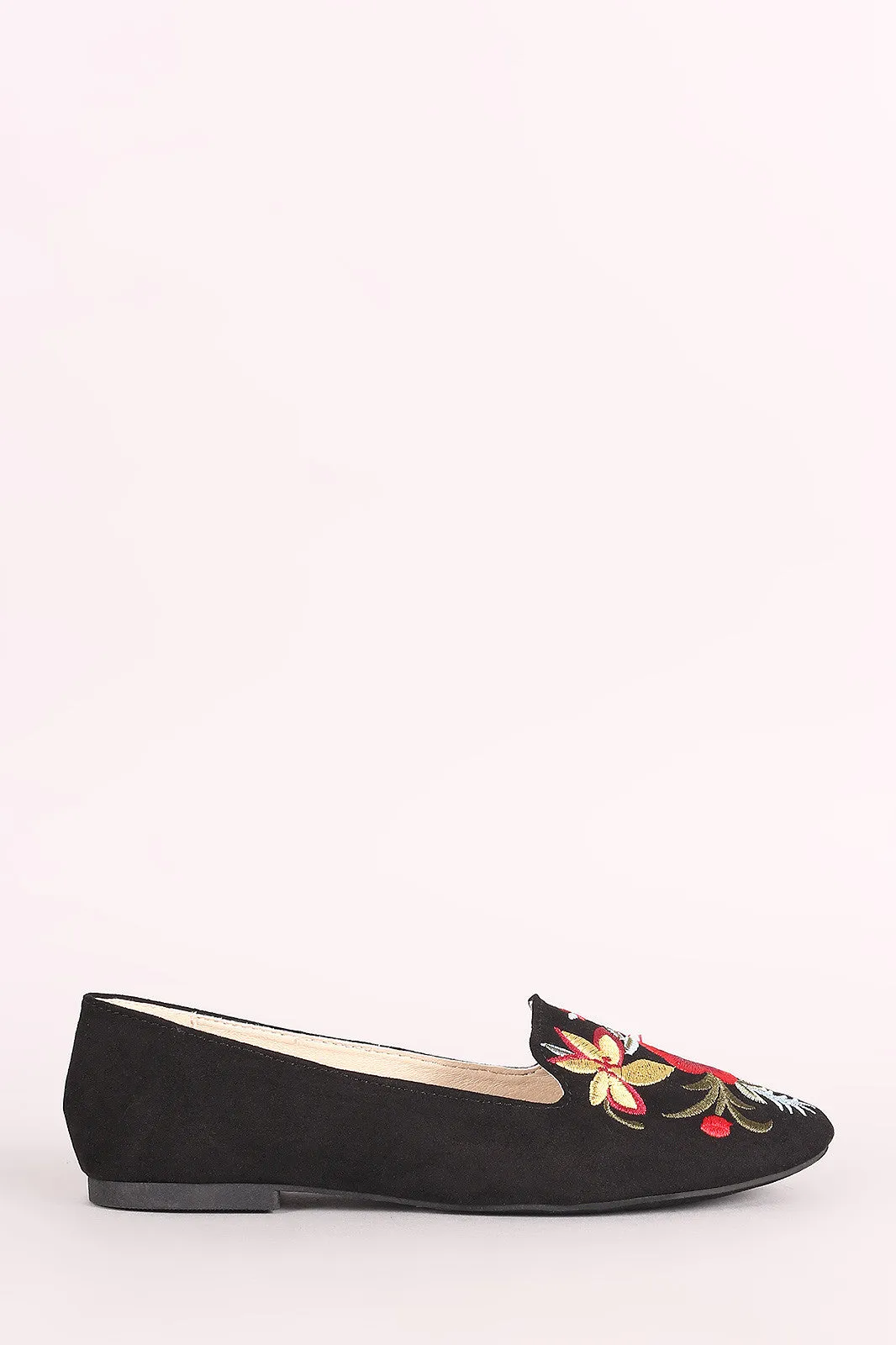 Qupid Embroidered Floral Suede Loafer Flat